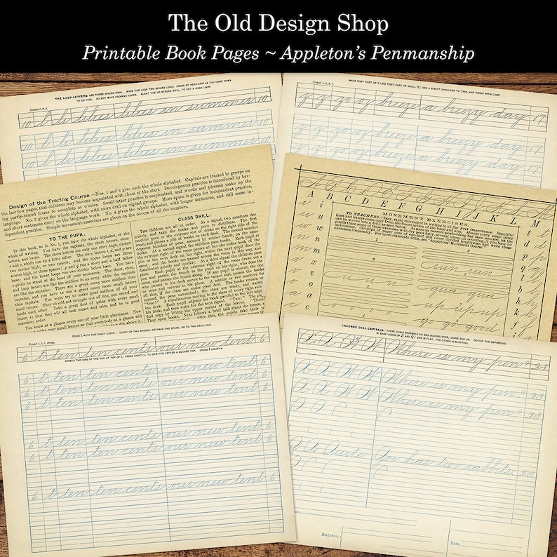 May include: Four vintage printable book pages for penmanship practice. The pages feature cursive handwriting exercises with instructions for "The Tracing Course", "To The Pupil", "Class Drill", and "Movement Exercises".