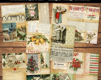 Puede incluir: Un collage de papeles navideños vintage, que incluye postales e ilustraciones. La colección presenta imágenes de árboles de Navidad, campanas y escenas invernales, con texto como "Christmas 1897" y "The Old Design Shop".