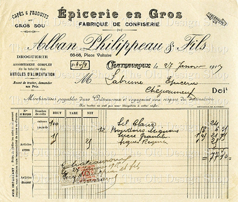 vintage french invoice printable ephemera january 1917 receipt etsy