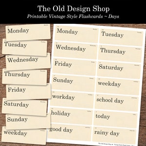 Dagen van de week Flashcards Junk Journal Ephemera Afdrukbare Retro Vintage Flashcard Clipart Cardmaking Supply Digitale Download Flash Card