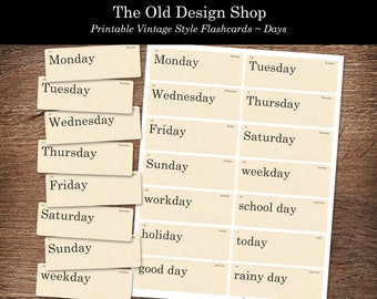 Days of the Week Flashcards Junk Journal Ephemera Printable Retro Vintage Flashcard Clipart Cardmaking Supply Digital Download Flash Card