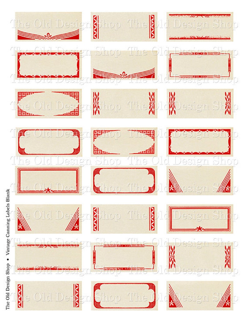 May include: Set of twelve vintage canning labels with red borders and various designs. The labels are blank and ready to be personalized.