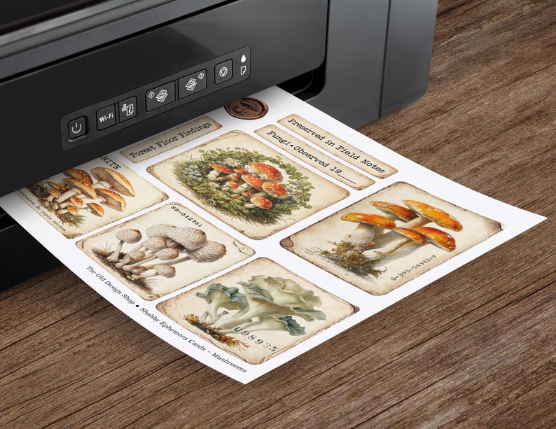 May include: A printer is shown printing a sheet of paper with vintage-style mushroom illustrations. The paper includes text such as "Forest Floor Findings" and "Fungi Observed 19". The illustrations feature various types of mushrooms in shades of brown, orange, and green.