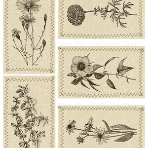 May include: Set of five printable floral cards featuring vintage botanical illustrations on a beige linen background. Each card has a stitched border and includes a variety of flowers, including daisies, marigolds, and hibiscus.