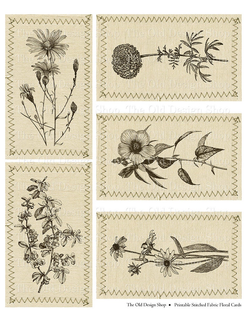 May include: Set of five printable floral cards featuring vintage botanical illustrations on a beige linen background. Each card has a stitched border and includes a variety of flowers, including daisies, marigolds, and hibiscus.
