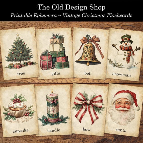Christmas Flashcards, Printable Old Fashioned Christmas Flash Cards, Digital Download