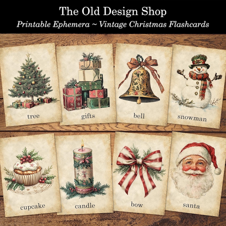 May include: Vintage Christmas flashcards featuring illustrations of a Christmas tree, gifts, bell, snowman, cupcake, candle, bow, and Santa Claus. The illustrations are in a vintage style with a faded background.