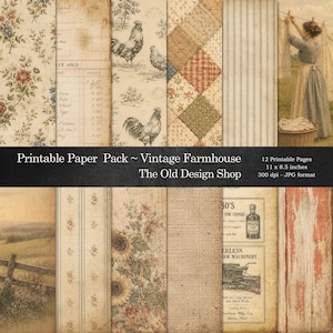 Puede incluir: Una colección de 12 papeles digitales imprimibles con diseños de granja vintage que incluyen patrones florales, ilustraciones de gallos, bloques de edredón, rayas azules, un paisaje, texturas de arpillera y anuncios antiguos con texto.