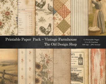 Vintage Farmhouse Paper Pack, 12 Printable Background Papers, Digital Download