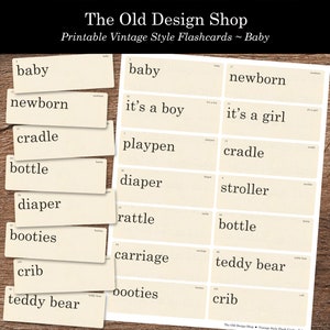 Nieuwe baby afdrukbare flashcards ongewenste dagboek neutrale ephemera kaarten maken levering retro vintage flash card baby woorden digitale download jpg-bestand