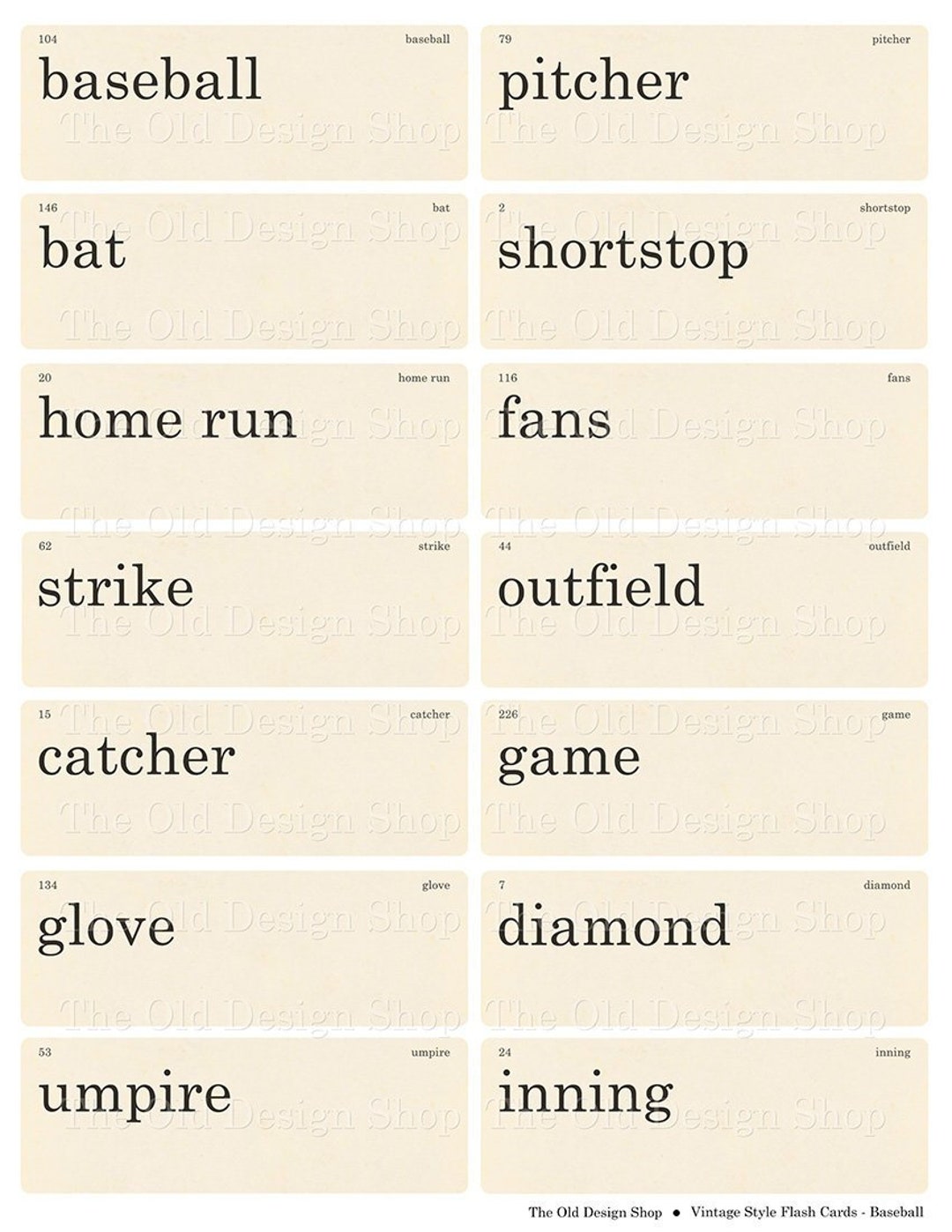 Vintage Style Flashcards Baseball Words Printable Digital - Etsy