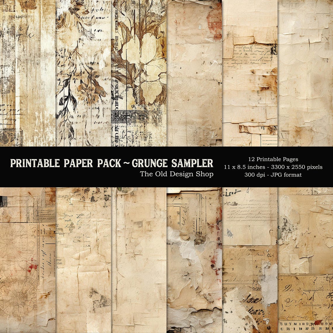Digital Paper Printable Grunge Sampler Junk Journal Paper Pack Shabby ...
