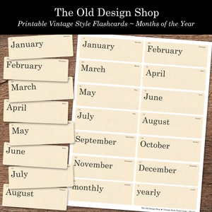 Maanden van het jaar afdrukbare Flashcards Junk Journal Ephemera Retro Vintage Flashcard Clipart Cardmaking Supply Digitale Download Flash Card