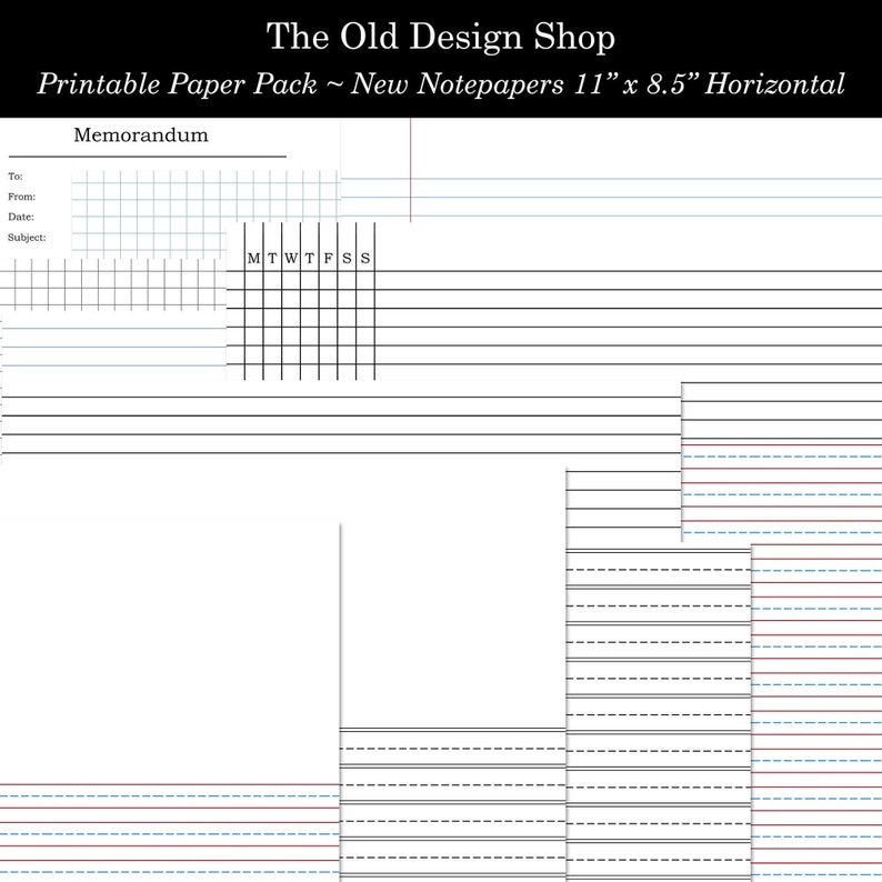 Printable Notepaper Black White Red and Blue Lined Graph Memorandum Days of the Week Horizontal Layout New Paper Pack Digital Download image 1