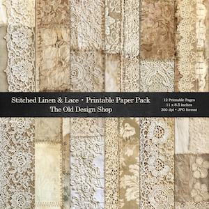 Könnte beinhalten: Eine Sammlung von 12 druckbaren Seiten mit Mustern aus genähtem Leinen und Spitze in Beige-, Creme- und Weißtönen. Der Text lautet Stitched Linen & Lace, Printable Paper Pack, The Old Design Shop, 12 Seiten, 27,9 x 21,6 cm, 300 dpi, JPG-Format.