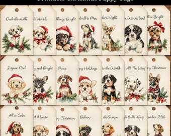 Printable Christmas Puppy Tags Ephemera for Junk Journals Cardmaking Supply Cute Puppies Printable Gift Tag Digital Download JPG Format