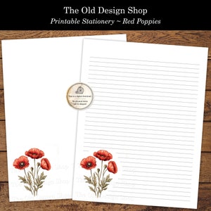 Papelería para escribir cartas con amapolas para imprimir, acuarela, amapola roja, papelería para amigos por correspondencia para cartas escritas a mano, con y sin líneas, descarga digital