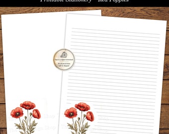 Printable Poppies Letter Writing Stationery Watercolor Red Poppy Penpal Stationary for Handwritten Letters Lined & Unlined Digital Download