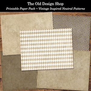 May include: A set of four printable digital paper patterns in neutral colors. The patterns include a solid beige, a diamond pattern, a gingham pattern, and a polka dot pattern.