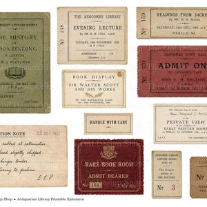 May include: A collection of vintage-style paper ephemera including a green lecture programme, various rectangular admission tickets, a condition note with handwritten text, and labels featuring printed details like The Ashcombe Library and Rare Book Room.