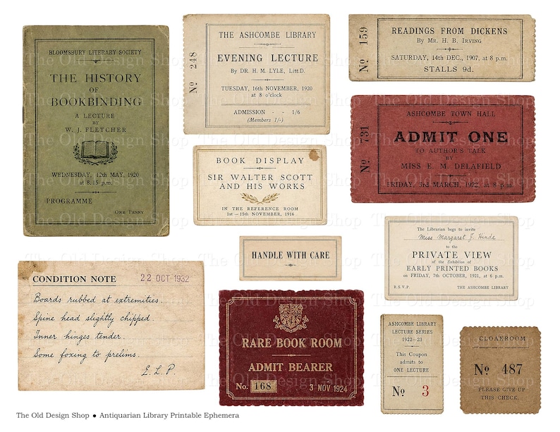 May include: A collection of vintage-style paper ephemera including a green lecture programme, various rectangular admission tickets, a condition note with handwritten text, and labels featuring printed details like The Ashcombe Library and Rare Book Room.