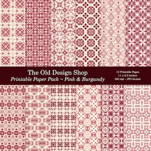 Digital Papers Junk Journal Signatures Pink Burgundy Pattern Paper Pack Carta stampabile Forniture per la creazione di biglietti Scrapbooking Sfondo Download digitale