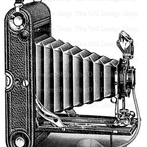 May include: A vintage black and white bellows camera with a leather case and a rubber bulb for focusing. The camera has a viewfinder on the top and a lens on the front.