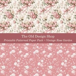 K&ouml;nnte beinhalten: Druckbares Papierpaket mit zwei Vintage-Rosen-Garten-Designs. Das obere Design zeigt Str&auml;u&szlig;e aus rosa Rosen mit rosa Schleifen auf cremefarbenem Hintergrund. Das untere Design hat wei&szlig;e Rosen auf rosa Hintergrund. Text: "The Old Design Shop".