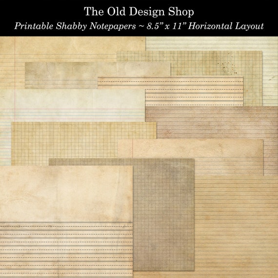 Printable Shabby Aged Grunge Notepapers 8.5 x 11 Inch Horizontal Layout Lined and Graph Paper Pack Digital Download