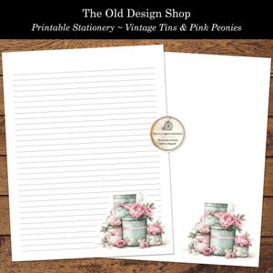 Papelería para escribir cartas imprimible con peonías rosas y latas vintage, acuarela pastel, letras de EE. UU., papelería imprimible para cartas escritas a mano