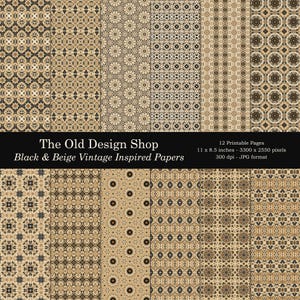 Paquet de papier à motif d'inspiration vintage noir et beige Papiers de garde imprimables pour journal indésirable Texture ornementale intemporelle Tapisserie Fourniture de fabrication de cartes
