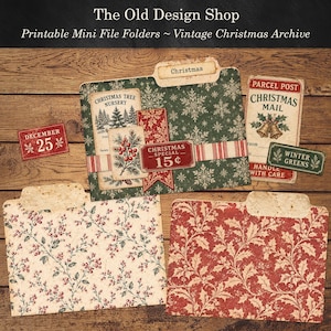 May include: A set of printable mini file folders featuring vintage Christmas designs. The collection includes patterns of red berries, holly leaves, and snowflakes, with labels reading Christmas, Christmas Tree Nursery, Christmas Special 15c, and Parcel Post Christmas Mail.