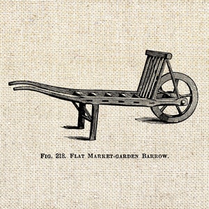 May include: A black and white line drawing of a flat market-garden barrow with a single wheel. The caption below the image reads "Fig. 218. Flat Market-Garden Barrow."