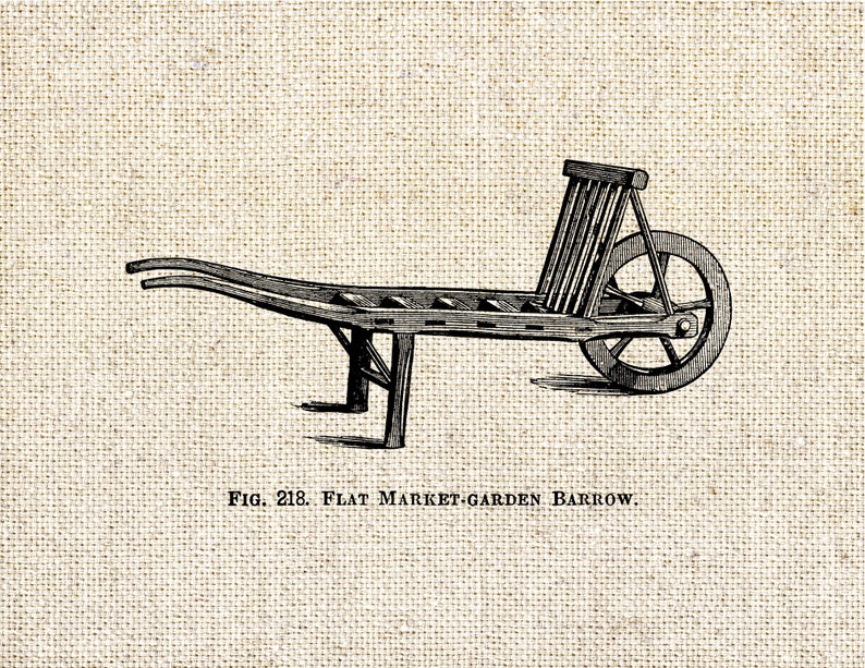 May include: A black and white line drawing of a flat market-garden barrow with a single wheel. The caption below the image reads "Fig. 218. Flat Market-Garden Barrow."