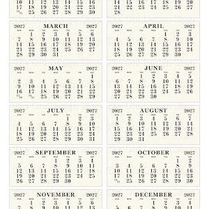 May include: Printable 2027 calendar cards featuring a classic design. Each card displays a month with dates, days, and the year 2027 in a simple, easy-to-read format. The Old Design Shop is printed at the bottom.