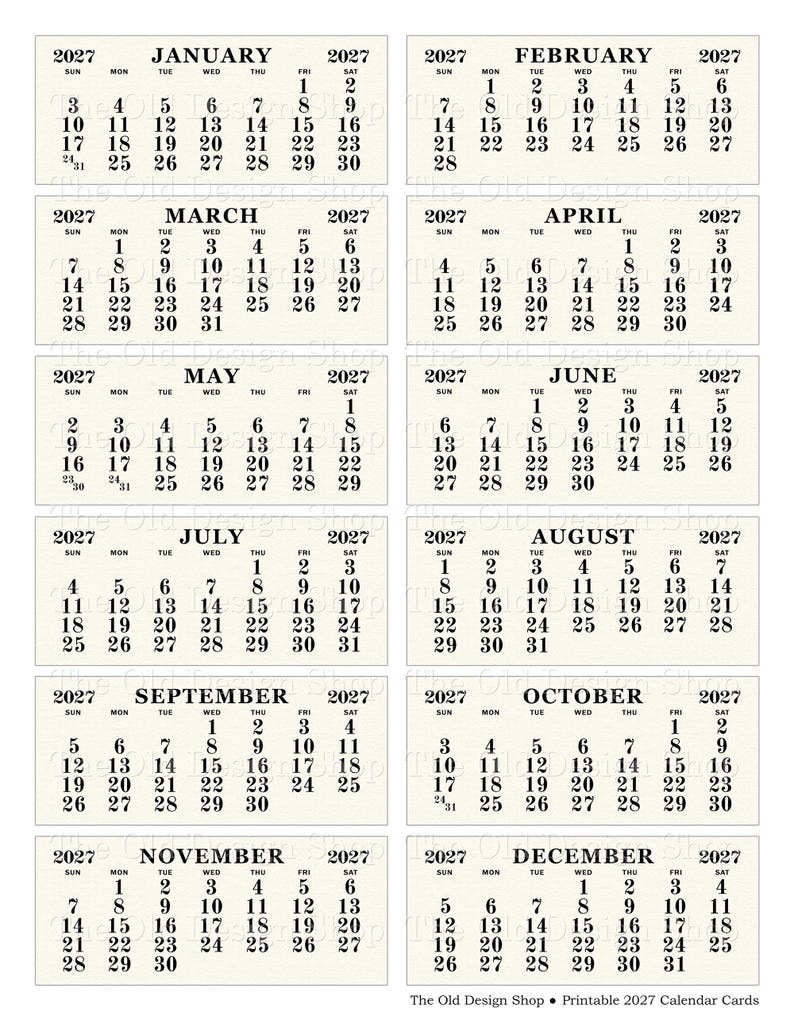 May include: Printable 2027 calendar cards featuring a classic design. Each card displays a month with dates, days, and the year 2027 in a simple, easy-to-read format. The Old Design Shop is printed at the bottom.