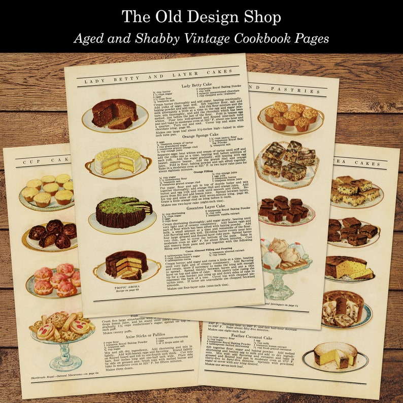 May include: Vintage cookbook pages with recipes for Lady Betty Cake, Orange Sponge Cake, Greeter Layer Cake, and Father Cort Cake. The pages are aged and have a shabby chic aesthetic.