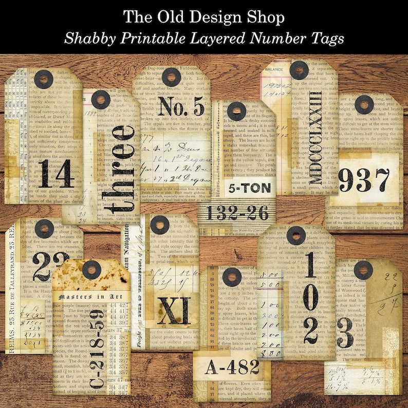 Number Tags Taped Collaged Printable Shabby Vintage Style Digital ...