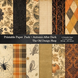 May include: A collection of 12 printable digital papers titled Autumn After Dark, measuring 11 x 8.5 inches. The designs feature patterns of spiders, webs, owls, pumpkins, acorns, leaves, plaid, damask, and trees in black, orange, and cream.