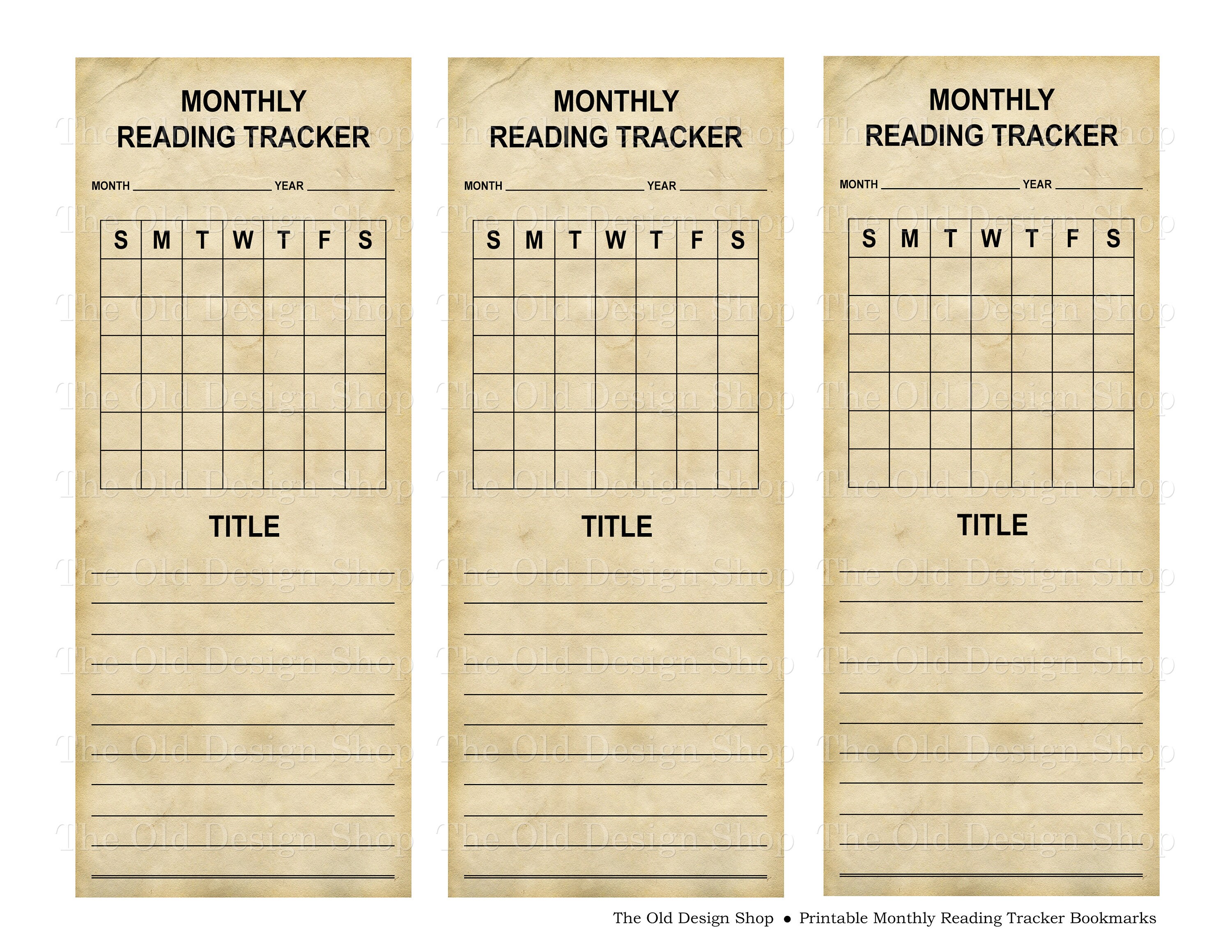 Printable Monthly Reading Tracker Bookmarks Aged Shabby Digital ...