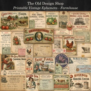 May include: A collection of vintage-style farmhouse ephemera featuring various printed labels, receipts, and advertisements with illustrations of farm animals, produce, and text such as The Old Design Shop and Printable Vintage Ephemera.