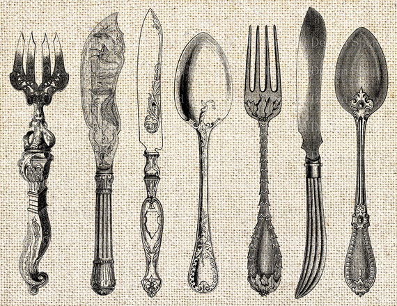 Cutlery Clip Art Printable Fork Knife Spoon Vintage Silverware Set 2  Commercial Use Digital Stamp Transfer Image PNG JPG Formats