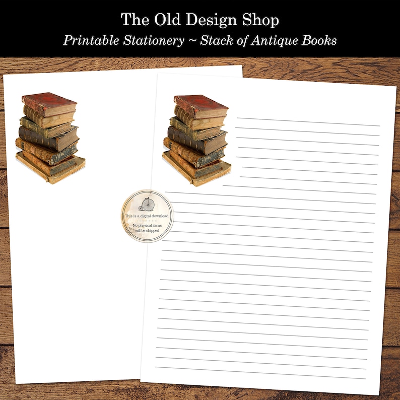 May include: Printable stationery featuring a stack of antique books with worn leather covers. The text "This is a digital download. No physical items will be shipped." is printed on a circle with a bicycle graphic.