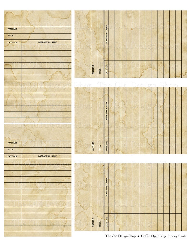 Coffee Dyed Beige Library Cards with Black Lines Printable Digital Collage Sheet JPG Format