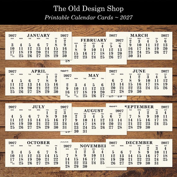 Vintage Printable 2027 Calendar Cards, Monthly Journal Cards, Digital Download