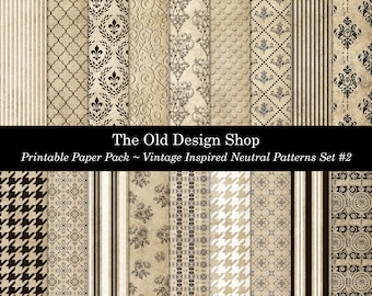 Neutral Patterned Background Paper Pack Set #2 Vintage Inspired Printable Junk Journal Signature Pages Cardmaking Supply Digital Download