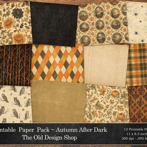 K&ouml;nnte beinhalten: Eine Sammlung von zw&ouml;lf druckbaren digitalen Papieren mit herbstlichen Mustern wie Blumen, Spinnen, Eulen, K&uuml;rbissen, Karos, Rauten und dunklen Texturen. Der Text lautet: Printable Paper Pack ~ Autumn After Dark, The Old Design Shop, 12 Printable Pages, 11 x 8.5 inches, 300 dpi - JPG format.