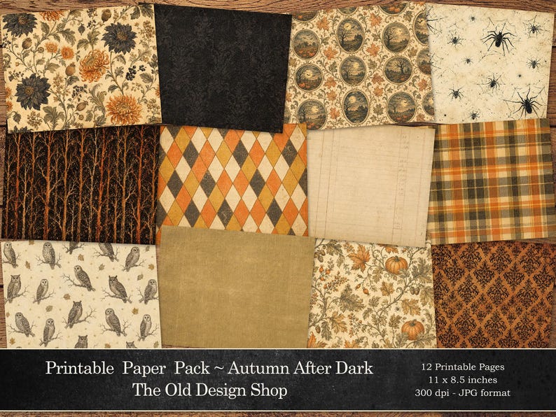 K&ouml;nnte beinhalten: Eine Sammlung von zw&ouml;lf druckbaren digitalen Papieren mit herbstlichen Mustern wie Blumen, Spinnen, Eulen, K&uuml;rbissen, Karos, Rauten und dunklen Texturen. Der Text lautet: Printable Paper Pack ~ Autumn After Dark, The Old Design Shop, 12 Printable Pages, 11 x 8.5 inches, 300 dpi - JPG format.