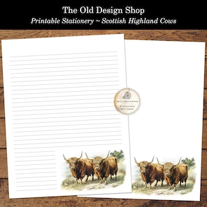 Papelería para cartas imprimibles de vacas de las Tierras Altas Papelería para amigos por correspondencia de vacas de las Tierras Altas Escocesas para cartas escritas a mano con líneas y sin líneas digitales