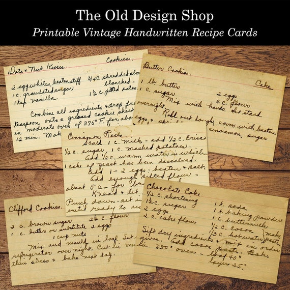 Handwritten Vintage Recipe Cards Printable Cake Cookie Cookbook Journal Cards Digital Download Cooking Ephemera Recipe Junk Journal Ephemera